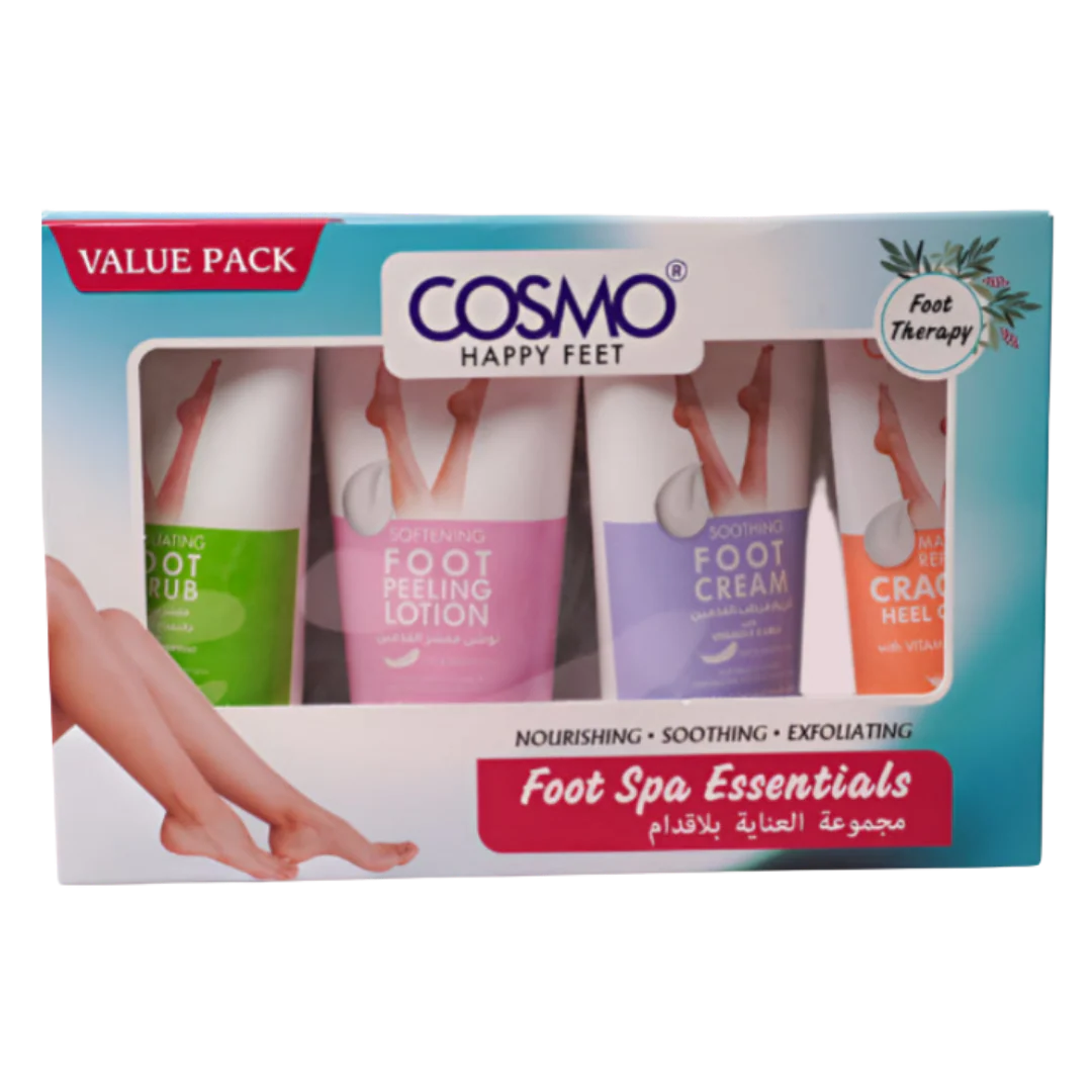 COSMO FOOT SPA ESSENTIALS NOURISHING SOOTHING EXFOLIATING 4PCS - 150X150X150X50ML | كوزمو مجموعة العناية بالأقدام 4 قطع - 150X150X150X50 مل